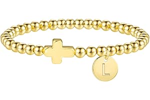 M MOOHAM Christmas Stocking Stuffers - Initial Bracelets for Women, Cross Bracelet for Womens Letter A-Z Cross Bracelet Gold Beaded Bracelets Dainty Small Jewelry, Religious Christian Gifts for Women