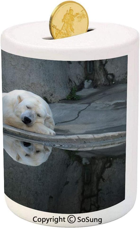 SoSung Bear Ceramic Piggy Bank,Sleeping Cute Polar Bear at The Zoo with Water Reflection Peaceful Calm Nature Decorative 3D Printed Ceramic Coin Bank Money Box for Kids & Adults,Cream Grey Black