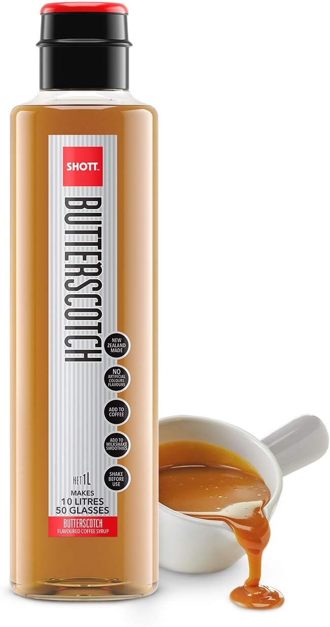 Butterscotch Flavour Syrup, 1 Litre, High Fruit Juice Content, Less Sugar Content, Ideal for Coffee, Hot Chocolate, Milkshakes & Smoothies, Vegan Friendly, Dairy & Gluten Free, Shott Beverages