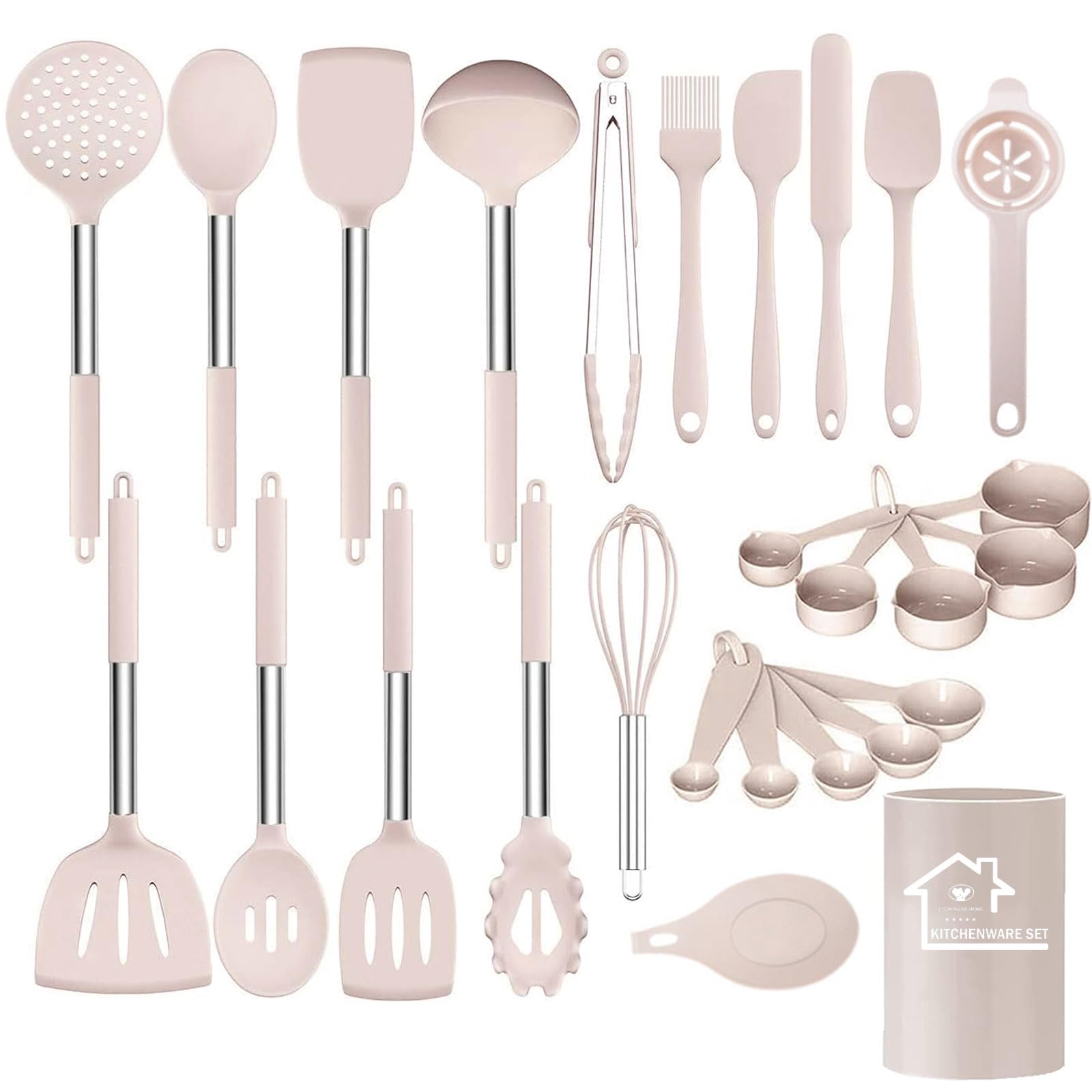 UXIYI Kitchen Utensils Set, Silicone Cooking Utensil Set, Cooking Tools Turner Spatula Set with Stainless Steel Handle, Heat Resistant, Khaki 27pcs