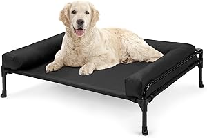Veehoo Elevated Raised Dog Bed, Outdoor Dog Cot Bed for XL Large Dogs, Three-Sided Fence Raised Pet Cot with Mesh & No-Slip F