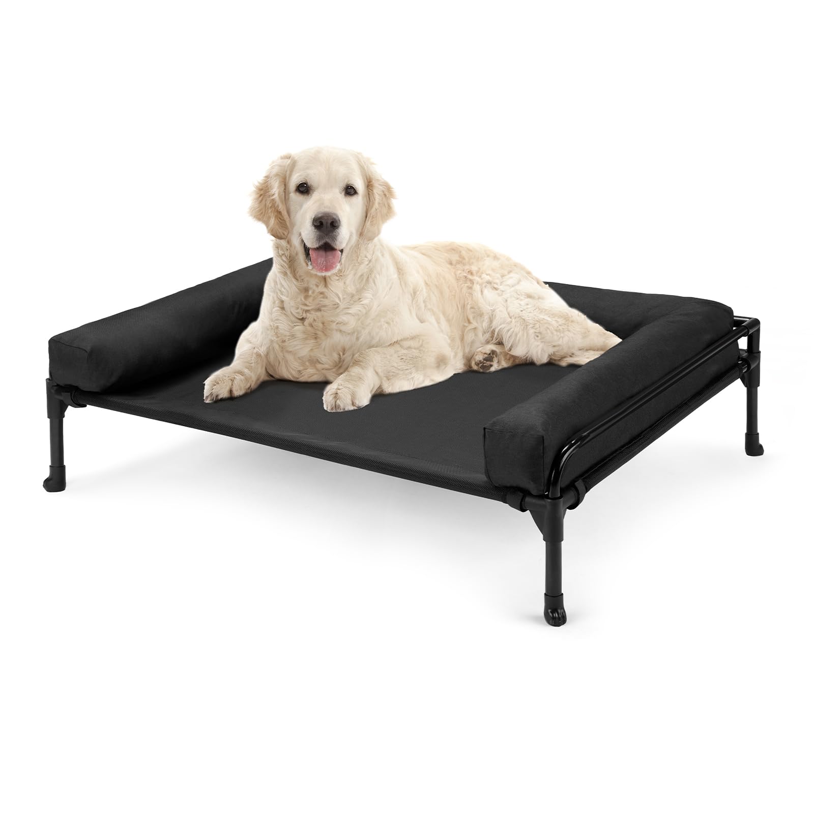 Photo 1 of Veehoo Elevated Raised Dog Bed-Cooling Outdoor Dog Cot Bed for Large Sized Dogs Three-Sided Fence Raised Pet Cot with Mesh & No-Slip Feet Dog Hammock Bed with Removable Bolster-35 x 22" Black