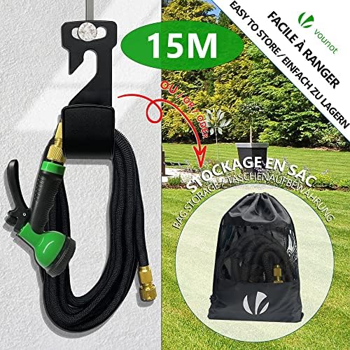 Flexibler Gartenschlauch 15 m, Flexibel Wasserschlauch Dehnbarer mit 10 Sprühfunktionen, 1/2 Zoll und 3/4 Zoll Messinganschlüssen, Aufbewahrungstasche inklusive, Schwarz