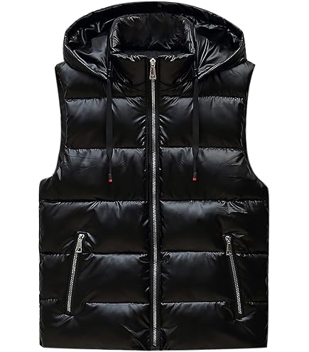 FindThy Women's Shiny Puffer Down Vest Quilted Zip Up Hat Collar