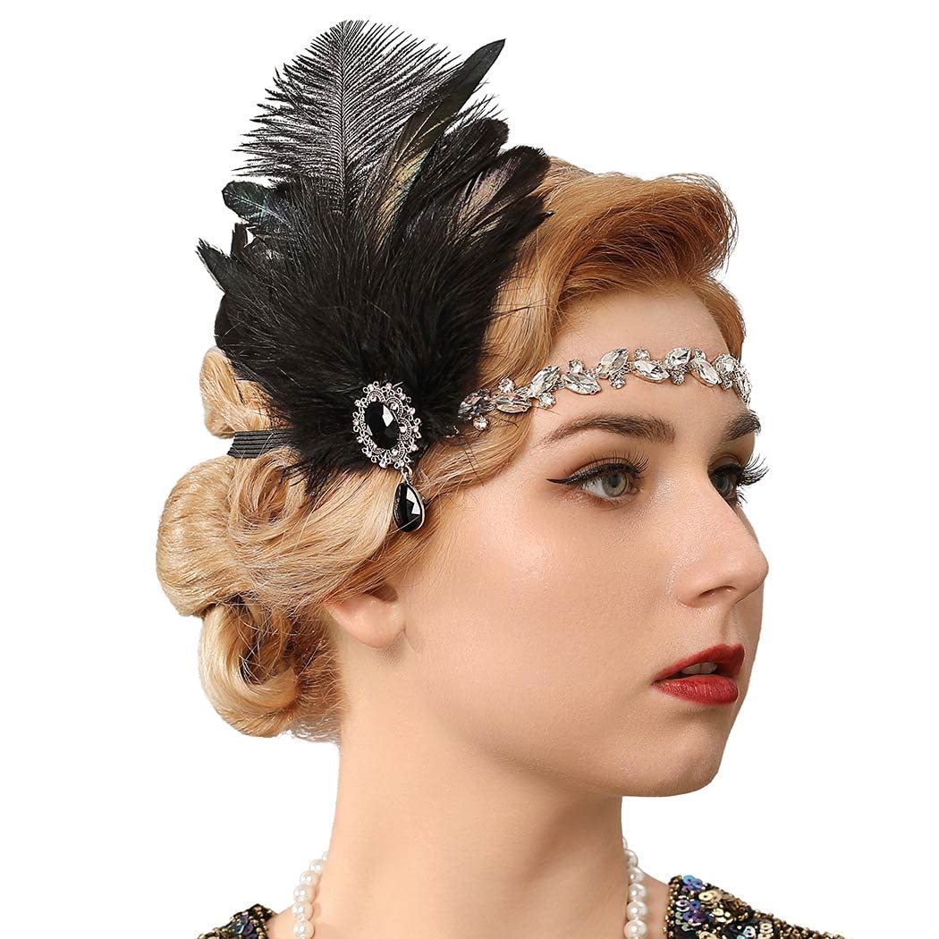 1920s Flapper Headband Black Feather Headpiece Rhinestone  display picture 3