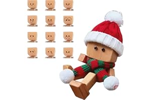 IKEEYUIS Christmas Shaking Wooden Man Figurine, Shaking Feet Wooden Doll with Christmas Hat, Tiny Wood Shaking Man with 12PCS
