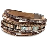 Fesciory Leather Wrap Bracelets for Women, Boho Leopard Multi-Layer Crystal Beads Cuff Bracelet Jewelry