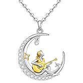 Iringnier Guitar Necklace for Women Sterling Silver Moon Guitar Pendant Necklace Music Jewelry Gift for Music Lovers