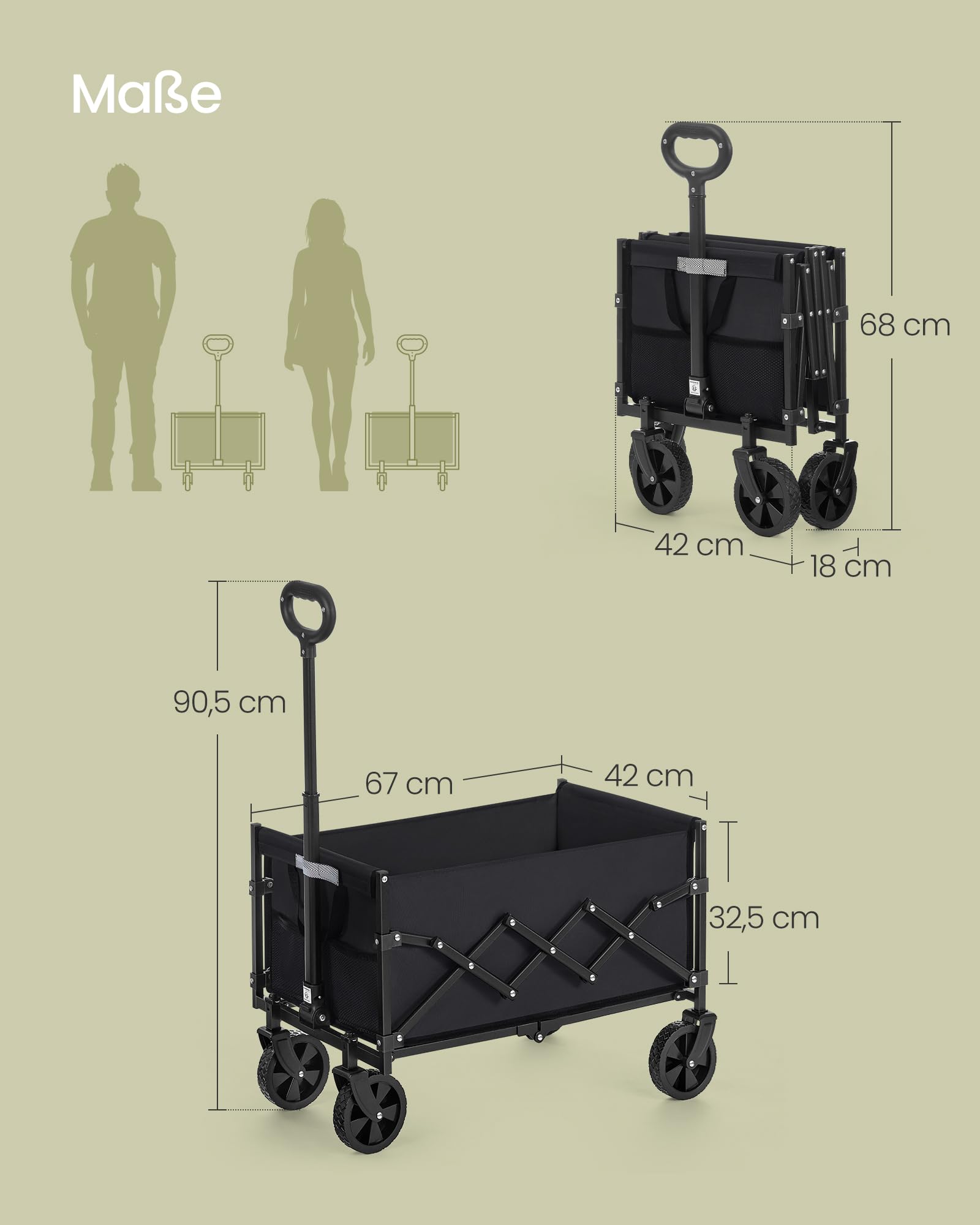 SONGMICS Kleiner Handwagen faltbar, Gartenwagen, kompakt, mit Griff, mit 4 verstärkten Rollen, Davon 2 Universalräder, bis 180 kg belastbar, Outdoor, Garten, 90 L, tintenschwarz GFW909B01 7