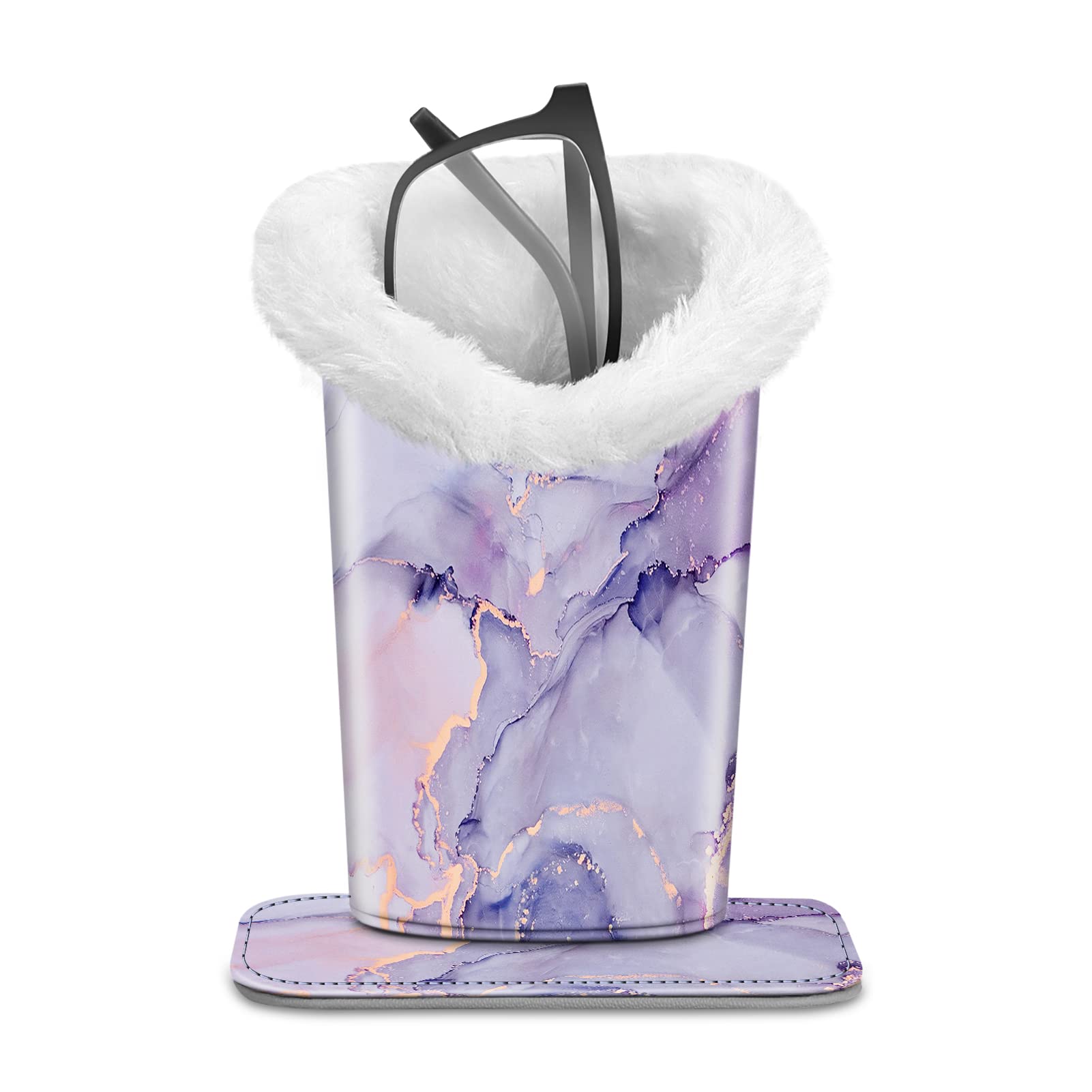 Fintie Plush Lined Eyeglasses Holder with Magnetic Base- Premium Vegan Leather Glasses Stand Case, Za-lilac Marble, 5.51*3.94*3.54