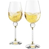 Rhinestone DIAMOND Studded Wine Glasses 16 Ounces - Set of 2 -Long Stem10-inches Tall, Gold and Laser Cut Sparkling Wine Wedding Glasses, Elegant Crystal - For Everyday, Weddings, Parties, Glassware