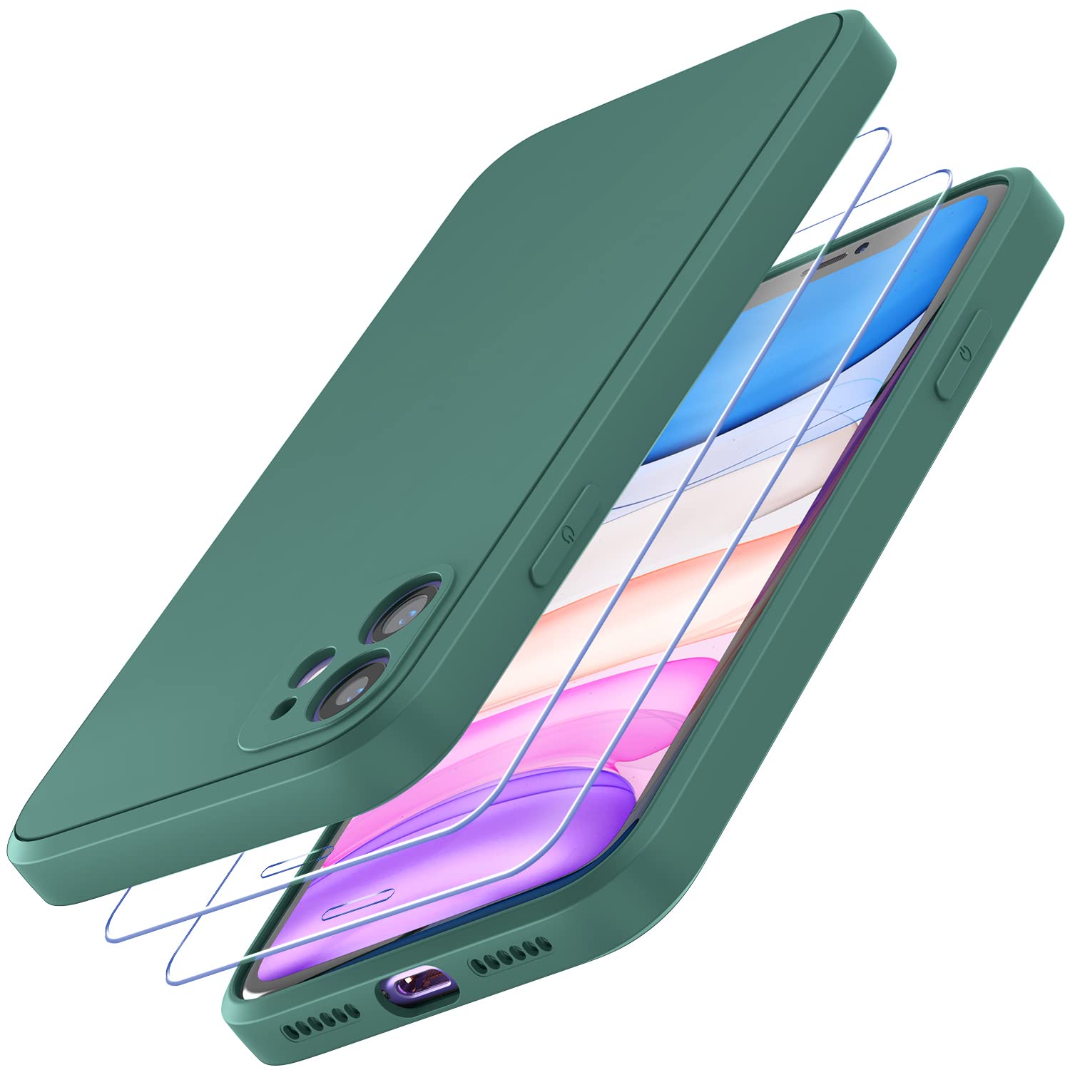 Losvick for iPhone 11 Phone Case with 2 x Tempered Glass Screen Protector, Liquid Silicone Slim Soft Shockproof Bumper Microfiber Lining Anti-Scratch Cover for iPhone 11-6.1 inch- Dark Green