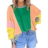 KevaMolly Womens Long Sleeve Tops Colorblock Patchwork Exposed Stitching Oversize Top Round Neck Casual Pullover