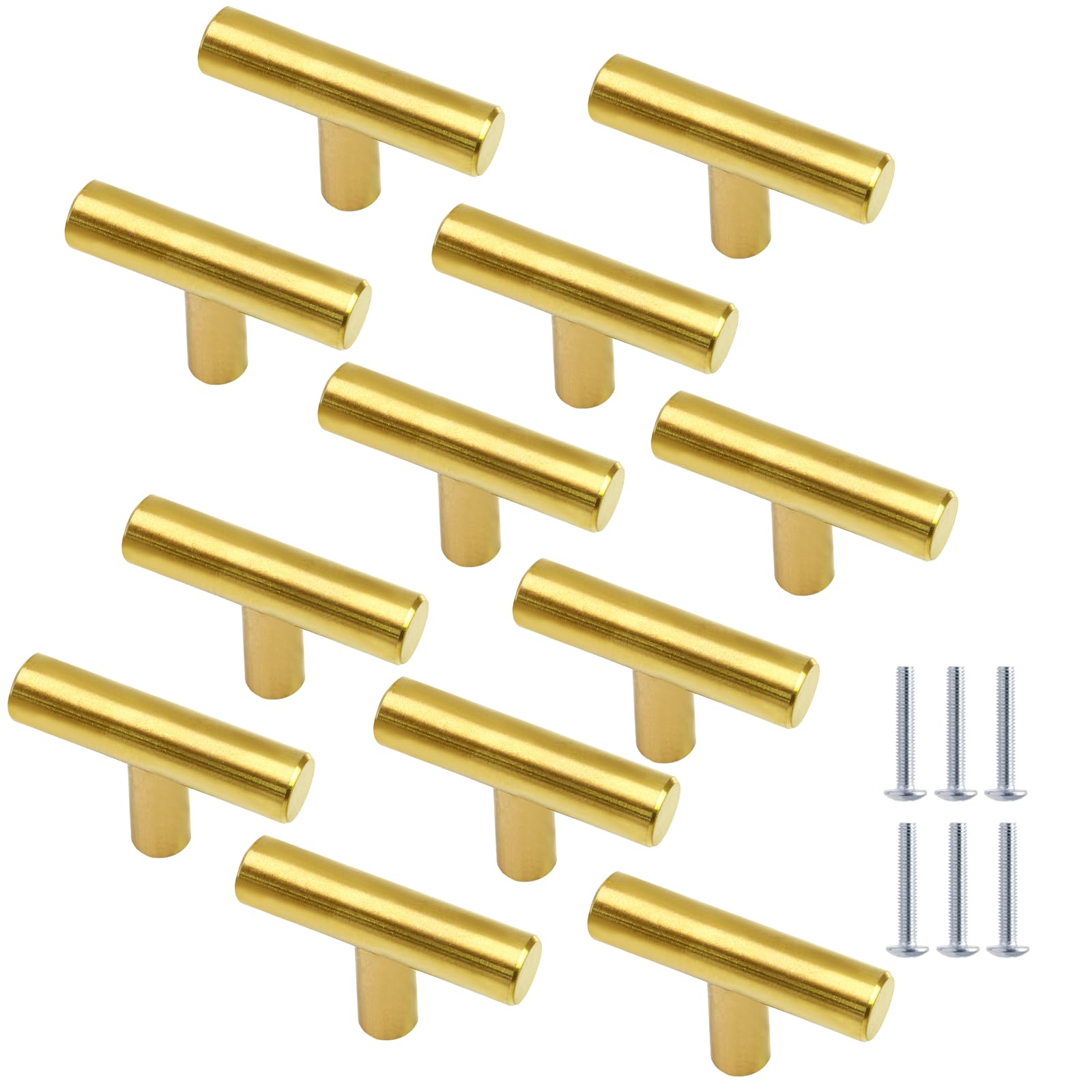 Cjueiom 12 Pack Gold T Bar Handles 50mm Length, Stainless Steel Drawer Knobs Black Cupboard Pull Handles