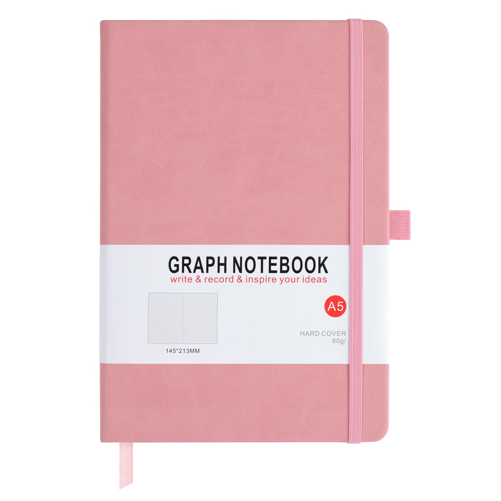A5 Graph Paper Notebook, Squared Notebook 200 Pages A5 Hardback Notebook with Pen Loop, and Inner Pocket, for Office School Home Business Writing & Note Taking (Pink)