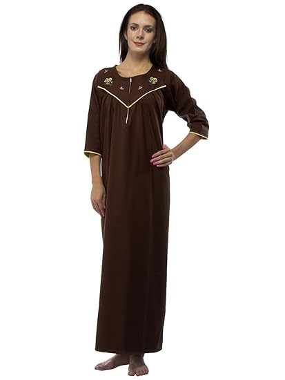 Comfortable Round Neck Brown Spun 3/4 Sleeve Loose Fit Maternity Nighty