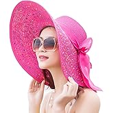 UUYYEO Womens Sun Straw Hat Wide Brim Summer Hat Foldable Beach Hats Floppy Roll up Cap Sunhat with Bowknot Hot Pink