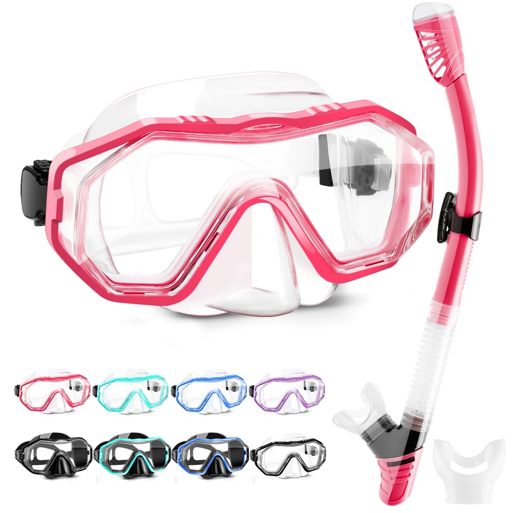 HINATAA Dry Snorkel Set, Multi-Colors 180° Wide View Anti-Fog Diving Goggle and Silicone Anti-Leak Dry Snorkel Tube, Profession Snorkeling Gear, Easy Breath Snorkel Mask for Adult and Teenagers (Red)