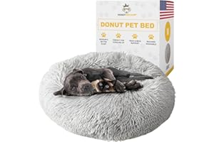 Doggykingdom Calming Round Donut Dog Bed Pillow, Washable, Anti Anxiety, Anti-Slip, Cozy Soft Cuddler Comfort Bed with Fluffy Plush Faux Fur for large medium small Sized Dog - Gray, M 31 inch