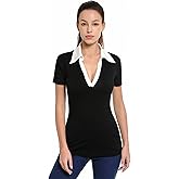 AmélieBoutik Women Color Trim Collared V Neck Short Sleeve Top