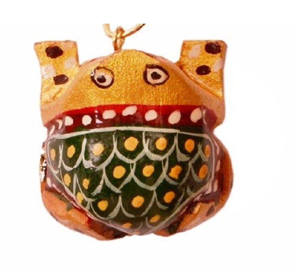 Purpledip Key Chain/Ring/Hook 'Wonder Frog': Sculpted In Kadam Wood with Fine Gold Painting, Unique Indian Gift Idea (11262)