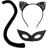 Glynisyz Halloween Cat Ears and Tail Costume Set for Woman, Black Cat costume Cat Ear Headband with Cat Mask for Halloween Cosplay Party Favors
