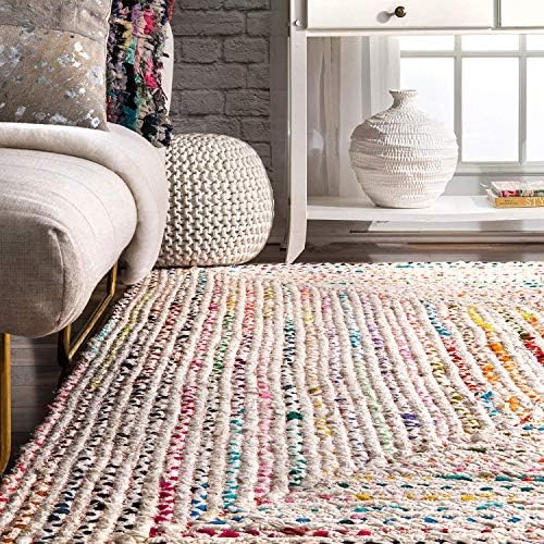 Icrafty hand braided rectangle multicolor living room area rug (White Base Cotton, 150X240 cm)