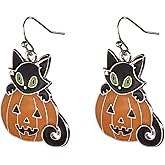 Lux Accessories Halloween Orange Pumpkin Black Kitty Cat Silvertone Dangle Earrings