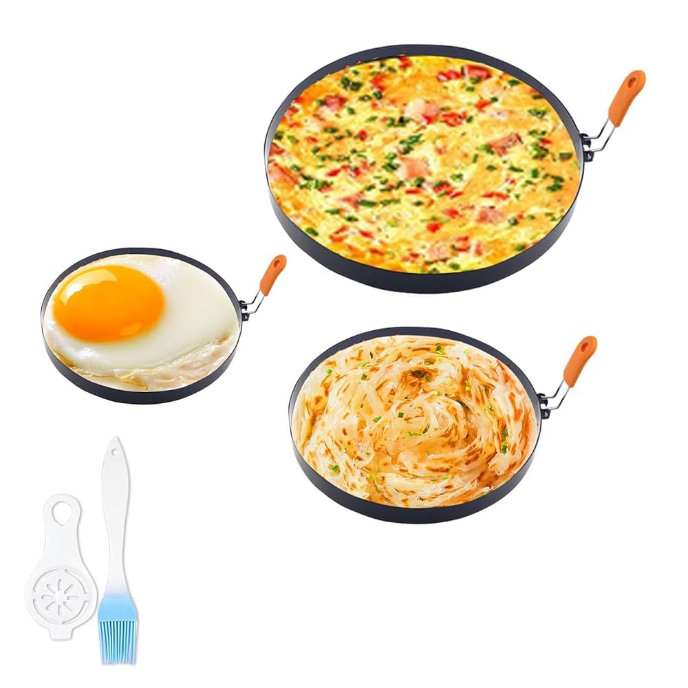 BigKing Omelette Ring for Griddle, Non-Stick Stainless Steel Pancake Mold, Egg Rings Molds with Handle and Oil Brush for Pancake Sandwiches Breakfast