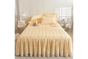 Zhiyuan Flower Pattern Quilted Brocade Cotton Bedspread with Lace Ruffled Bed Skirt, Queen Size, Light Yellow