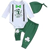 Kuriozud St Patricks Day Baby Boy Outfit First St Patricks Day Romper and Shamrock Pants Set with Hat 3Pcs Spring Clothes