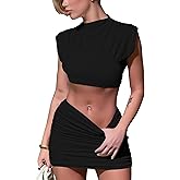 Skirt Sets Women 2 Piece Outfits - Sexy Two Pc Cap Sleeve Tank Crop Top Bodycon Ruched Mini Skirts
