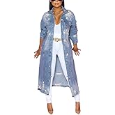 chouyatou Women's Spring Fashion Ripped Holes Maxi Long Denim Jacket Trench Coat