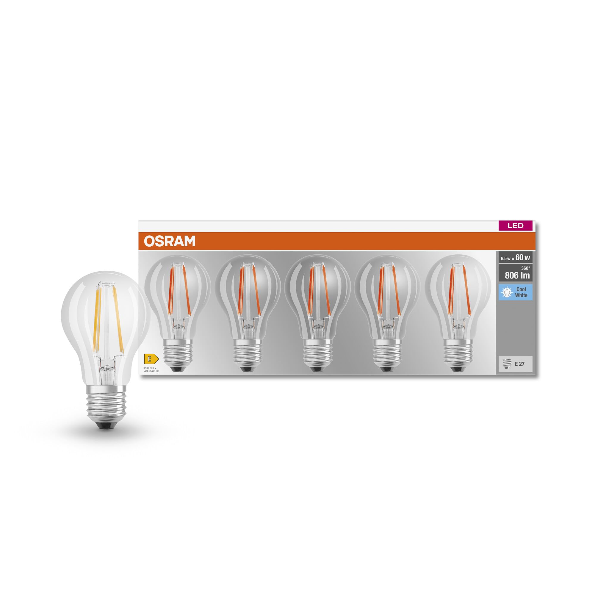 OSRAM LED BASE Classic A60, clear glass filament LED lamps for E27 base, pear shape, cool white (4000K), 806 lumens, replacement for conventional 60W (7.0W) light bulbs, box of 5 [Energy Class E]
