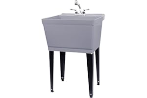 JS JACKSON SUPPLIES Grey Utility Sink Laundry Tub With Pull Out Chrome Faucet, Sprayer Spout, Heavy Duty Slop Sinks For Washing Room, Basement, Garage or Shop, Large Free Standing Wash Station Tubs and Drainage