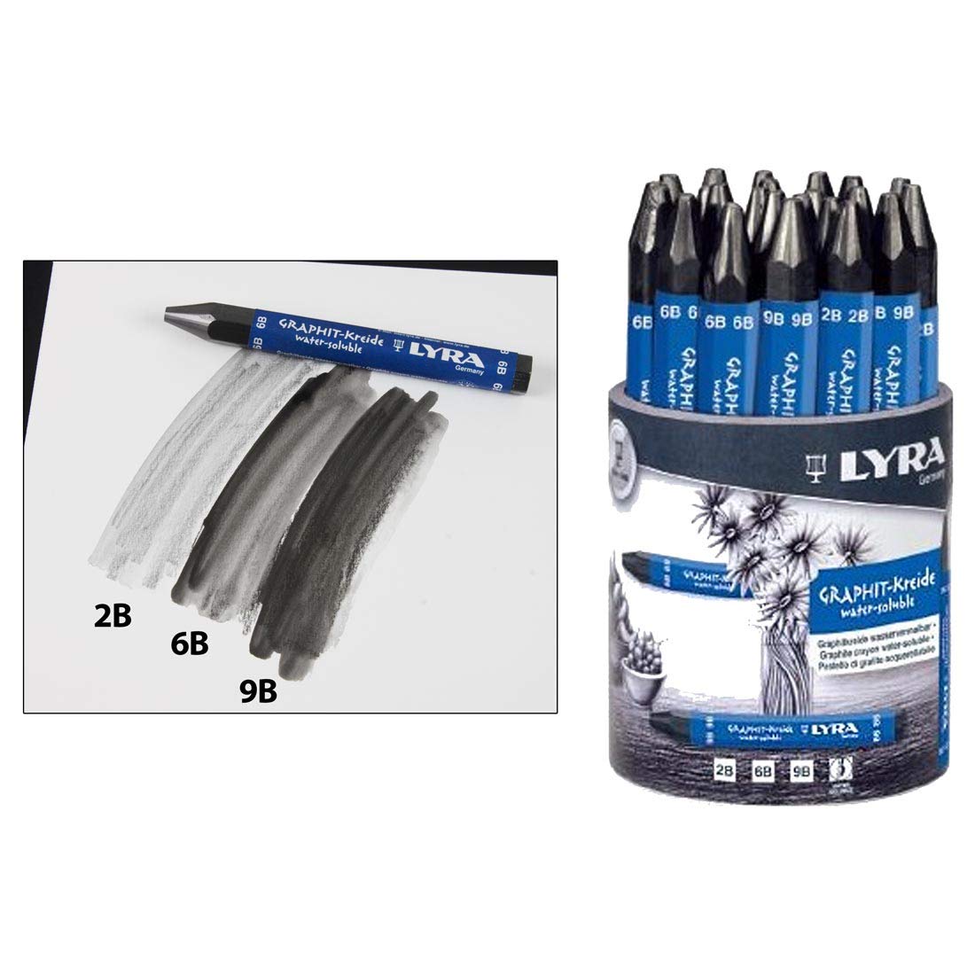 LYRA Fine Art Graphite Watersoluble Crayon Set, Assorted Grade Pot, 24 Pieces, For Schools & Offices