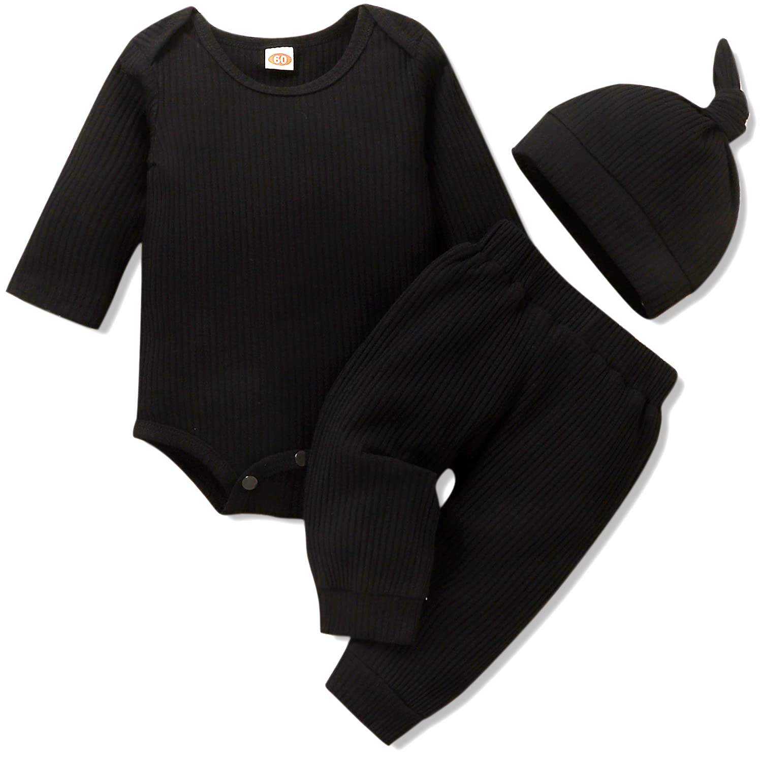 Photo 1 of Aalizzwell Preemie Newborn Infant Unisex Gender Neutral Baby Boys Girls Outfits Ribbed Long Sleeve Clothes Set for Fall Winter Spring Black Premature