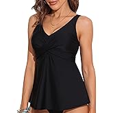 ANFILIA Womens Tankini Top Twist V Neck Bathing Suit Top Flowy Padded Swimsuit Top Swim Tank Top Only