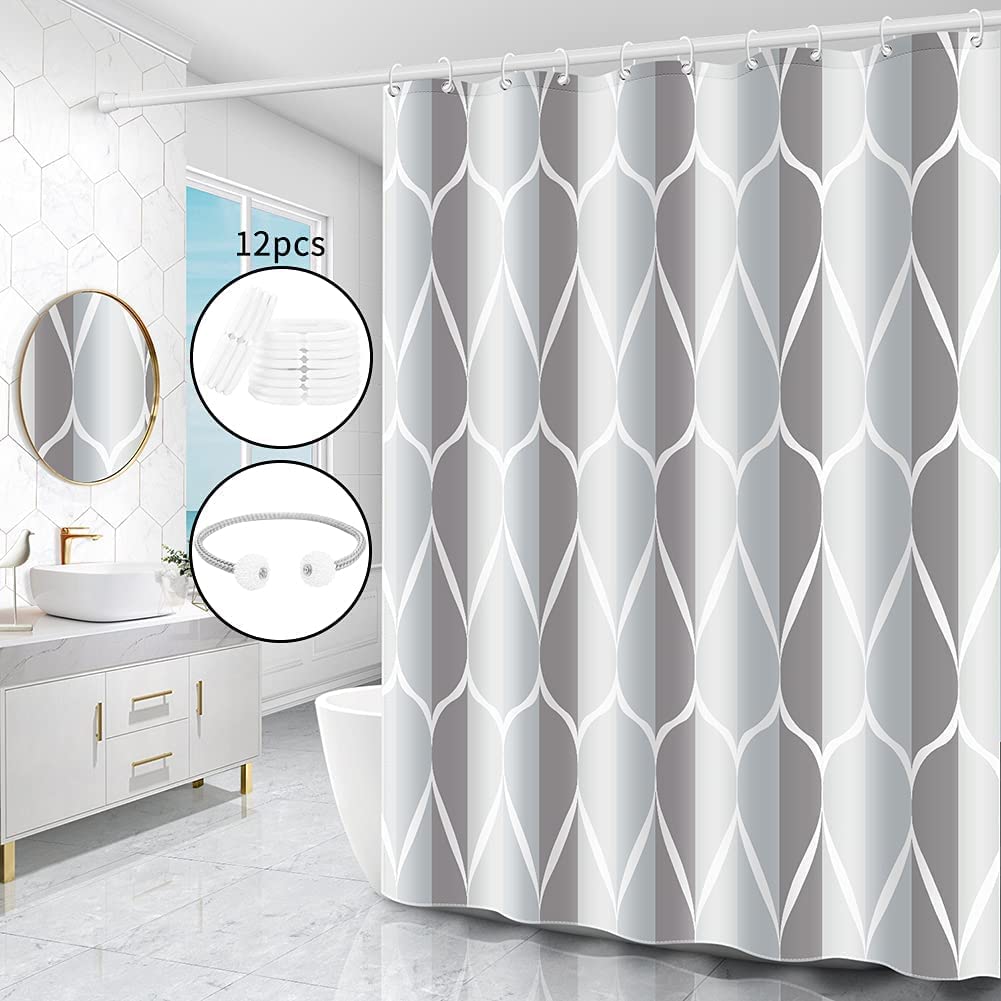 Miorkly Shower Curtain Grey,180 x 200 cm,Anti-Mould Proof Resistant,Waterproof,Weighted Hem,Resistant Washable Bathroom Curtains,100% Polyester,12 Hooks and 1 Magnetic Rope