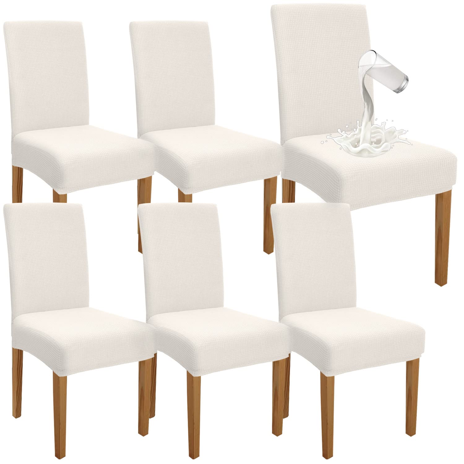 Granbest Premium Waterproof Dining Chair Covers Set of 6, Elastic High Back Chair Slipcovers for Dining Room, Washable Removable Chair Protector for Banquet, Kitchen, Party (CreamyWhite, Pack of 6)