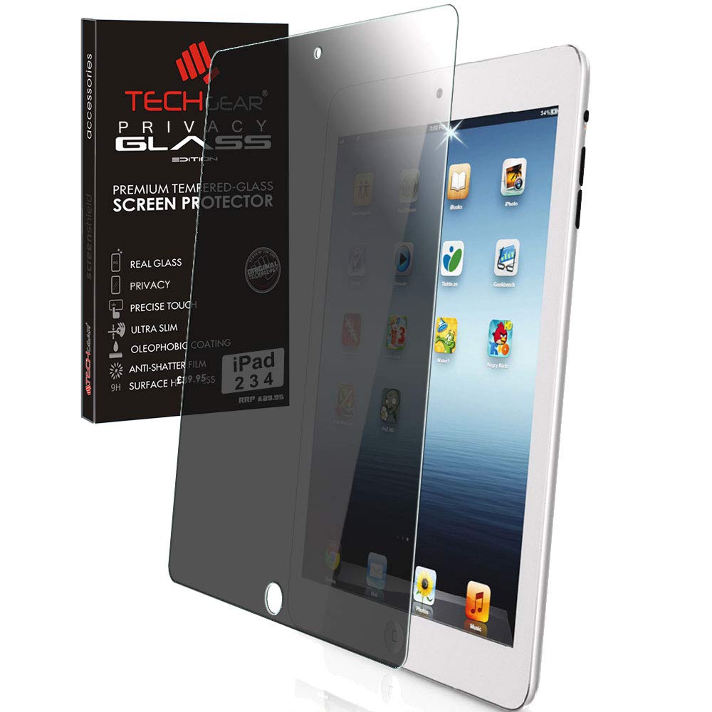 TECHGEAR Anti Spy Screen Protector for iPad 4 3 2 - PRIVACY GLASS Edition Genuine Tempered Glass Screen Protector Guard Cover Designed for iPad 2, iPad 3, iPad 4
