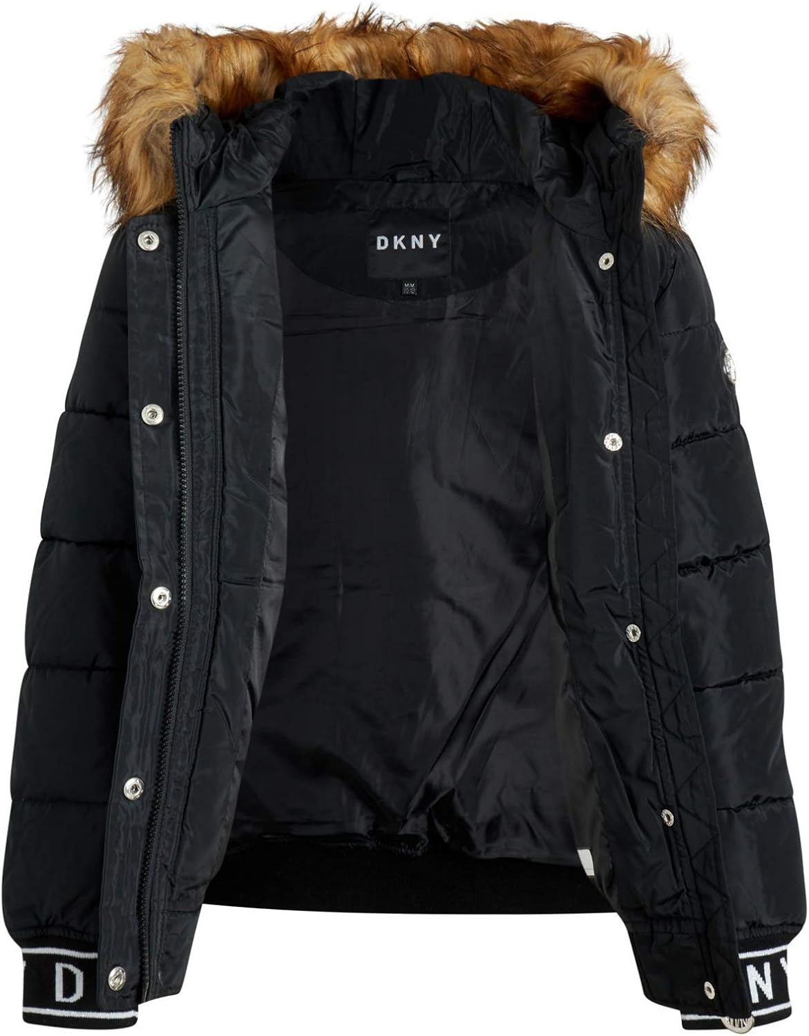 DKNY Girls' Heavyweight Quilted Bubble Jacket with Snap and Zip Closure and Removable Fur Hood: Clothing