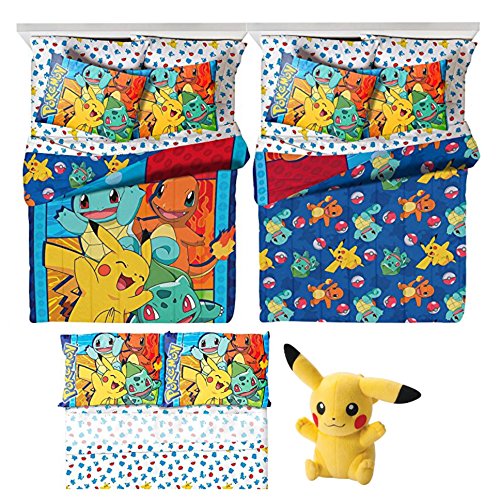 Pokmon 5 Piece Kids Twin Bedding Set - Reversible Comforter, Sheet Set with Reversible Pillowcase and Pikachu Plush