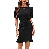 YNIQUE 2024 Women's Summer Dress Short Sleeves Bodycon Mini Dress Ruched Puff Sleeve Ruffle Hem Cocktail Party Dress