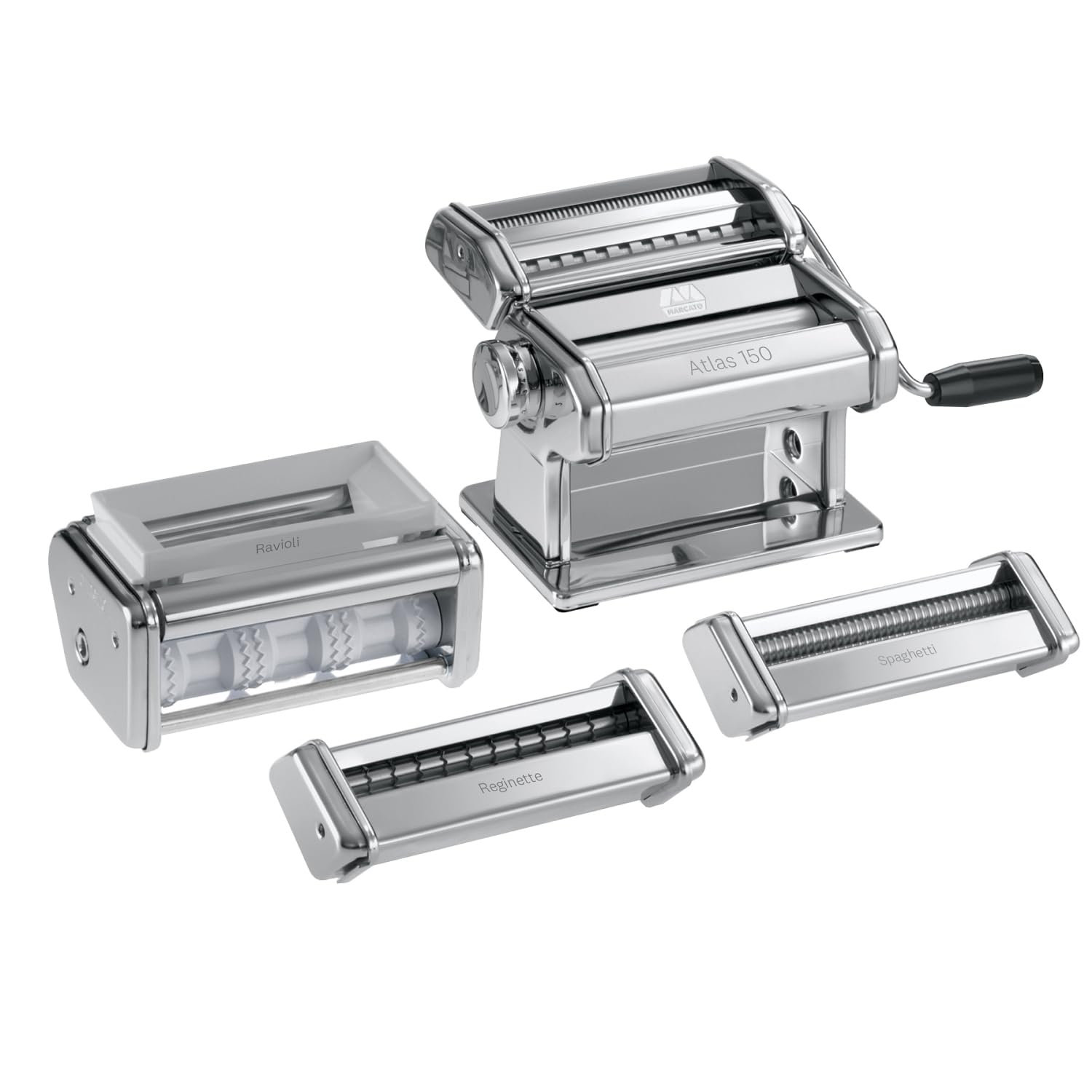 Marcato Atlas 150 Pasta Machine Set + Included Attachments, Pasta Maker, Made in Italy, Pasta Roller for Lasagna, Fettuccine, Tagliolini, Ravioli, Spaghetti, Reginette, Chromed Steel. Model: Multipast