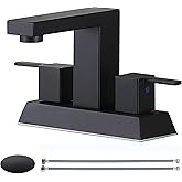 Friho Matte Black Bathroom Sink Faucet, 4 inch Bathroom Faucets for Sink 3 Hole with Water Hoses and Pop up Drain,Stainless Steel 2-Handle Centerset Bathroom Faucet for Vanity RV Restroom, FR2DST201B