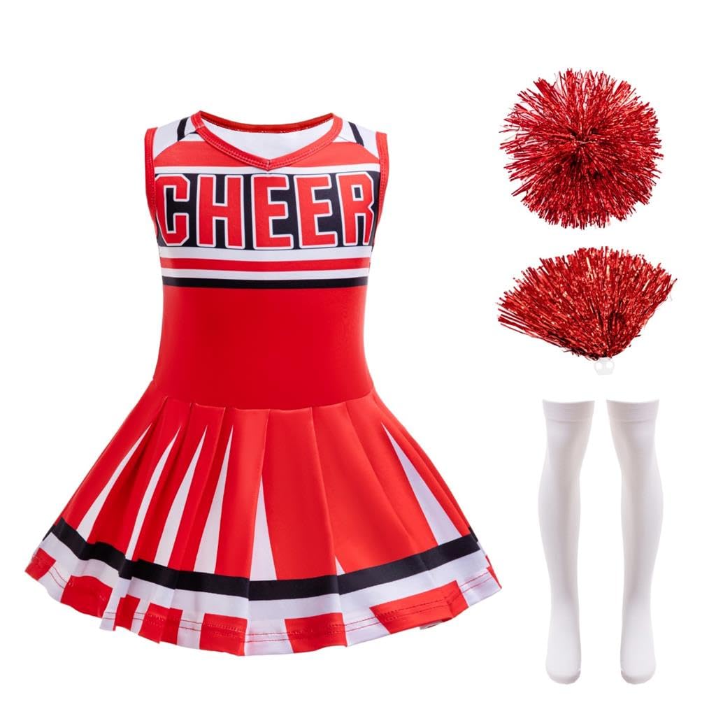 Lito Angels Cheerleader Cheerleading Costume Fancy Dress Up Outfit Clothing Set with Pom Poms and Socks for Kids Girls Age 3-4 Years, Red — image 1