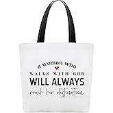 Motivational Canvas Tote Bag For Women, A Women Who Walks With God Will Always Reach Her Destination Shoulder Bag, Inspirational Gifts For Friend Colleague, Christian Grocery Bag For Work Travel -46