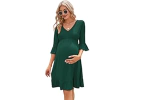 Coolmee Women's Maternity Short Sleeve Ruffle Dress V Neck Summer Casual Smocked Flowy Midi Dress for Baby Shower Photoshoot