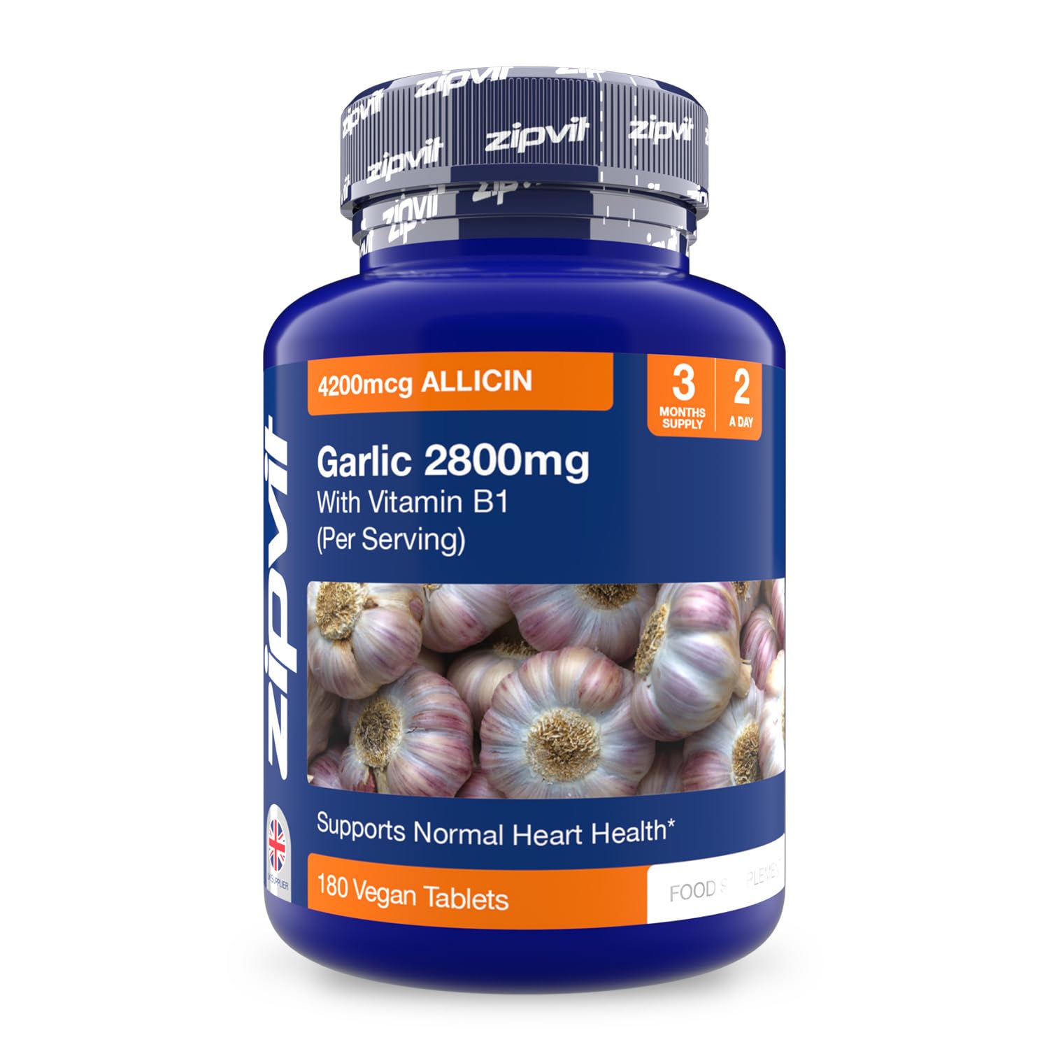 Zipvit Garlic Tablets 2800mg, High Strength Garlic Supplement with Vitamin B1, Provides Allicin & Alliin, Supports Heart Health, 2 a Day, 3 Months Supply